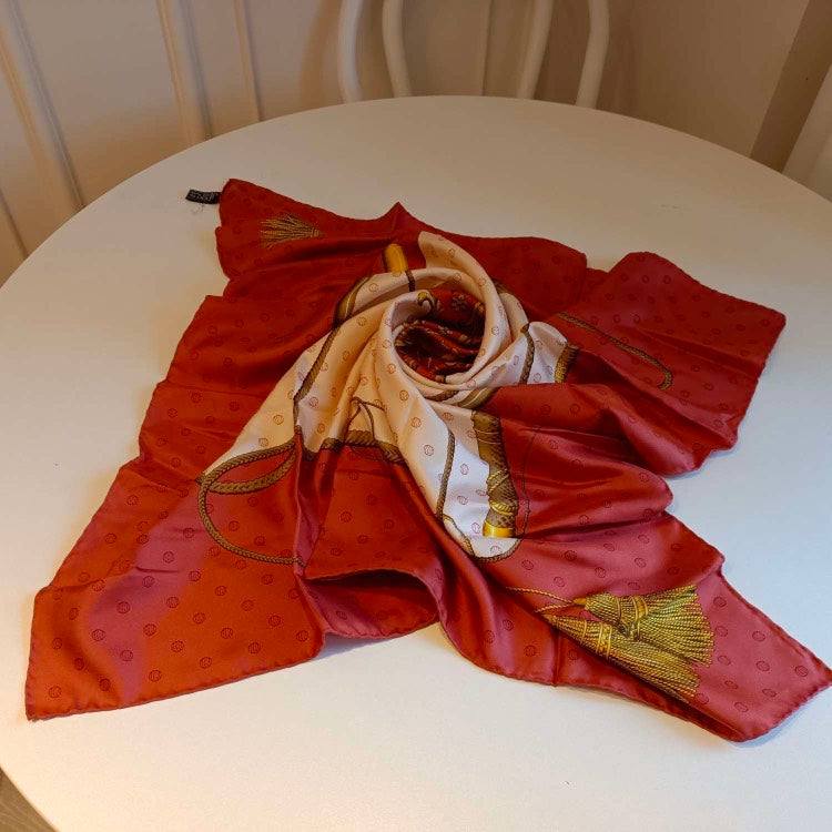 Celine Vintage Red White Print Silk Square Scarf