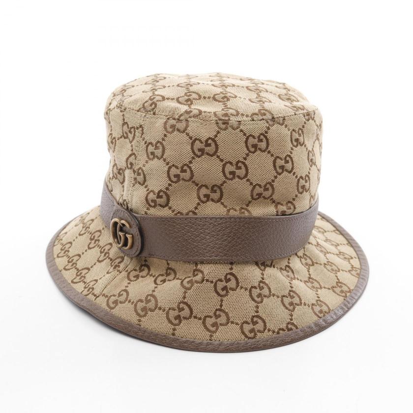 Gucci GG Marmont Beige Brown Canvas Leather Fedora Hat
