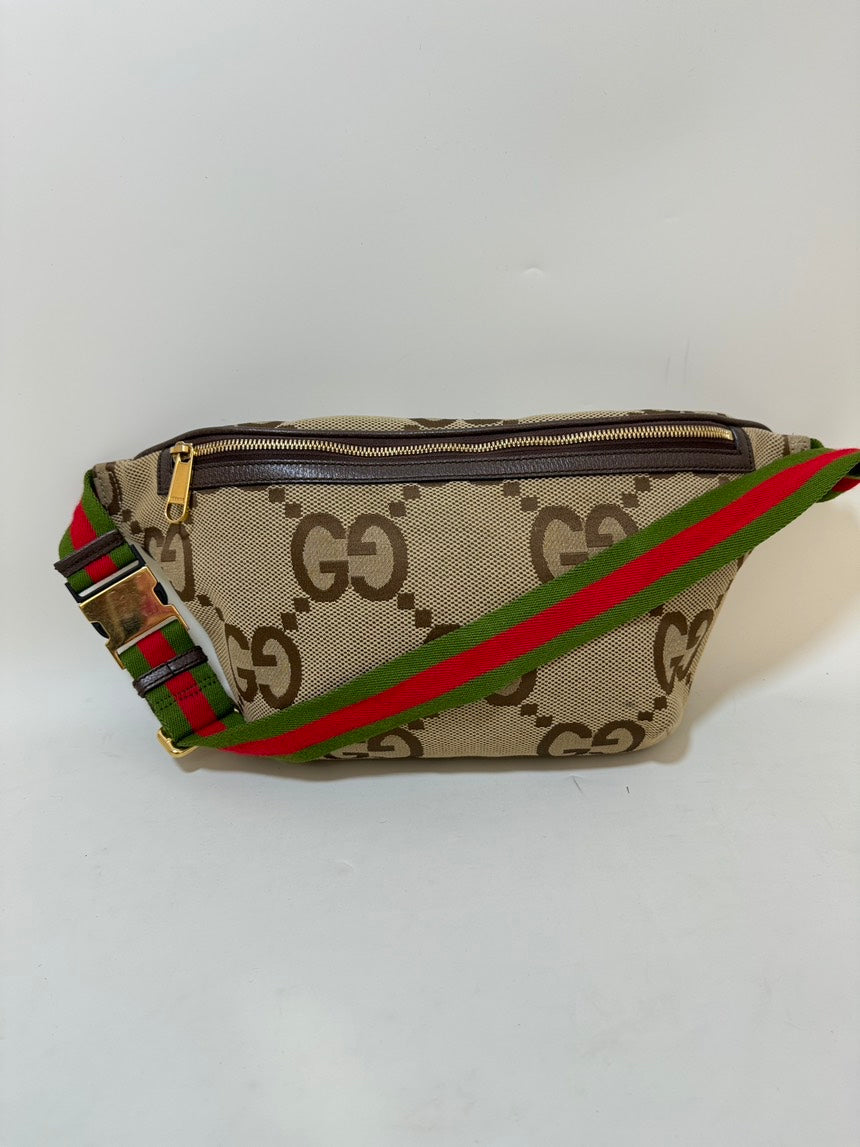 Gucci Beige GG Canvas Bumbag Brown Leather Trim Adjustable Strap