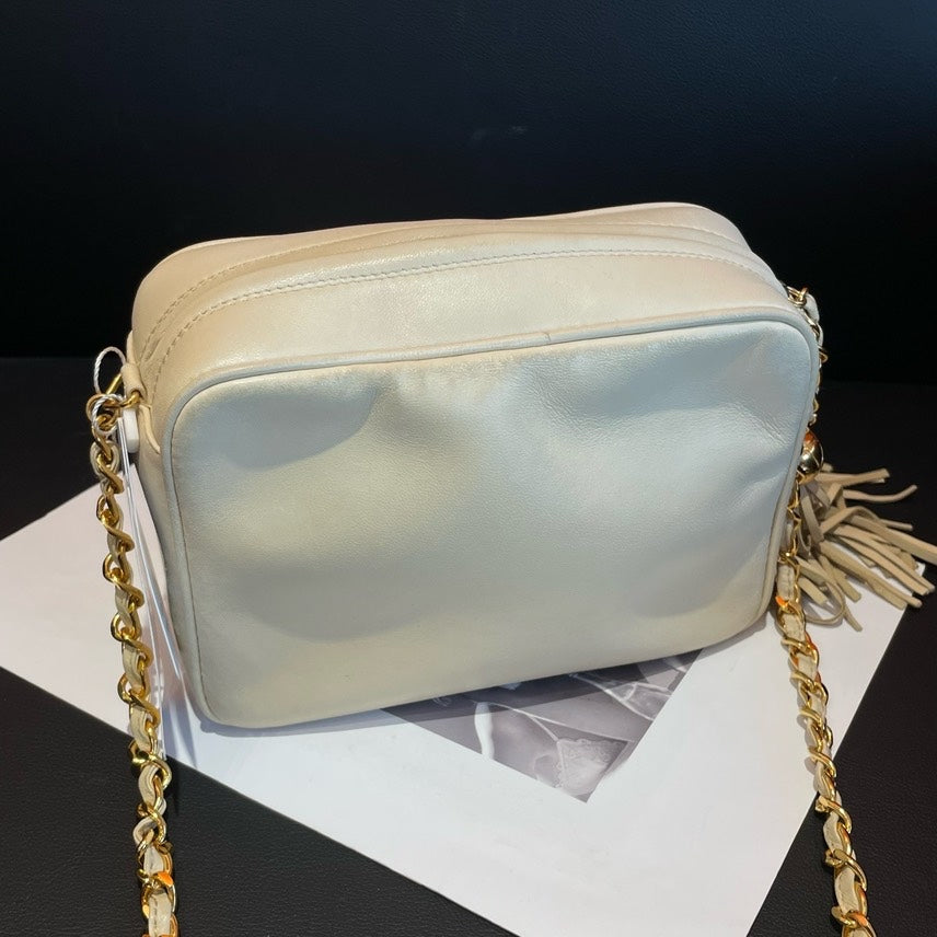 Chanel Vintage White Leather Camera Bag With Tassel Gold Chain Strap
