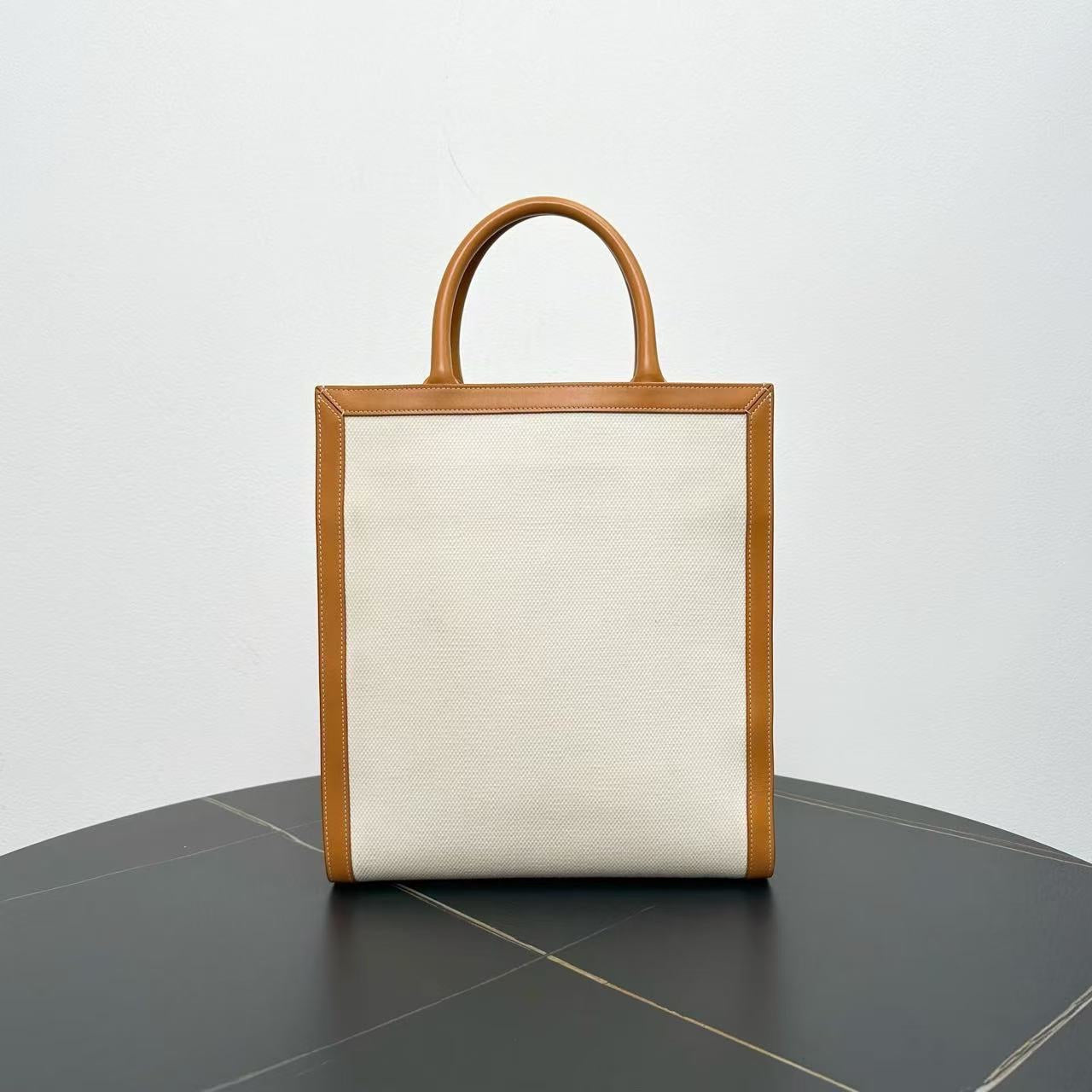 Celine Cabas Medium Tan Beige Canvas Leather Two-Way Bag