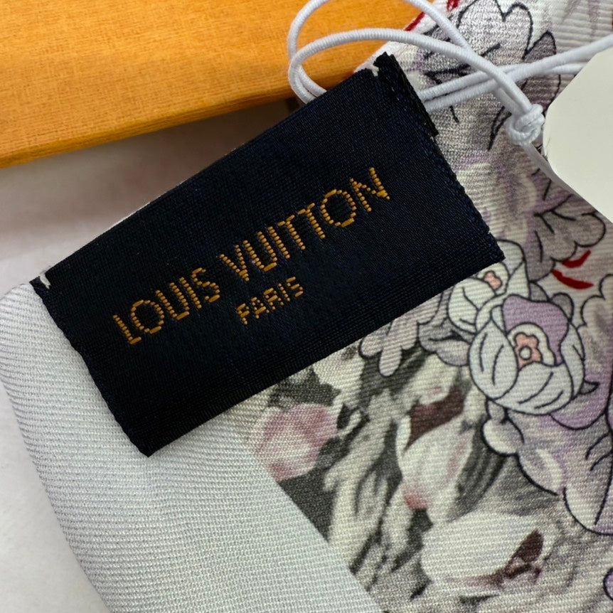 Louis Vuitton Floral Printed Twilly Scarf Pink White Silk 315428