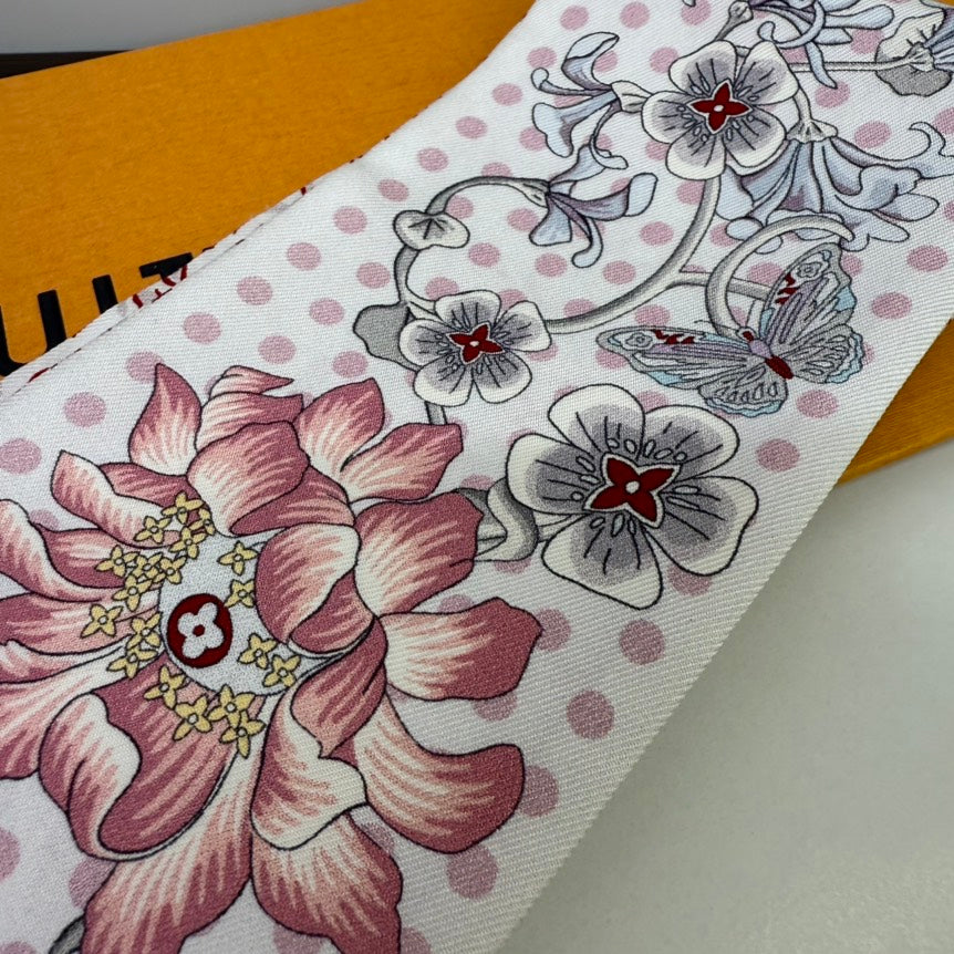 Louis Vuitton Floral Printed Twilly Scarf Pink White Silk 315428