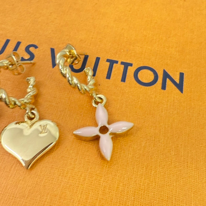 Louis Vuitton Gold Pink Twisted Hoop Charm Earrings Set