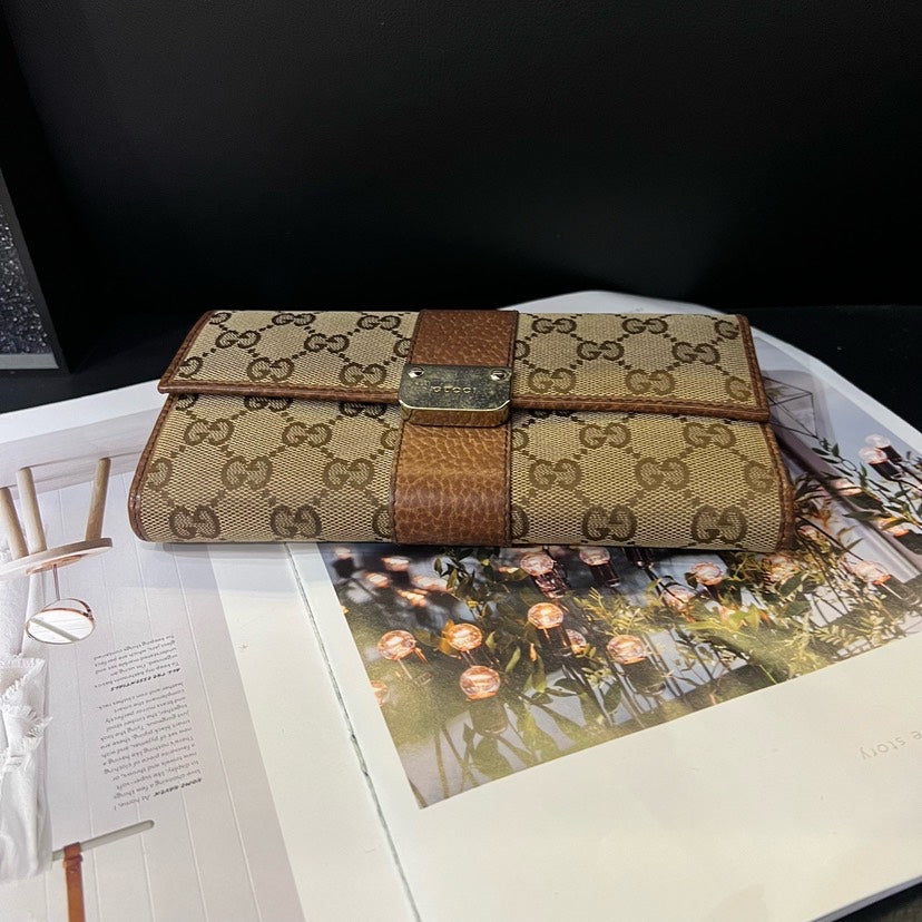 Gucci Brown Canvas Leather Patchwork Long Wallet