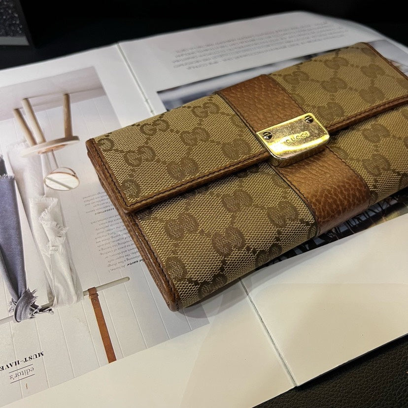 Gucci Brown Canvas Leather Patchwork Long Wallet