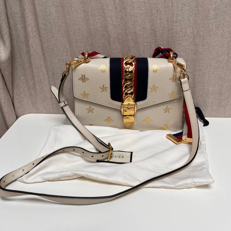 Gucci Sylvie White Bee and Star Shoulder Bag