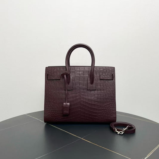Saint Laurent Crocodile-Embossed Burgundy Sac De Jour Tote Bag