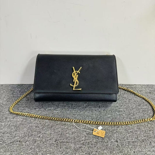 Preloved YSL Saint Laurent Kate Black Leather Clutch Bag with Gold Chain