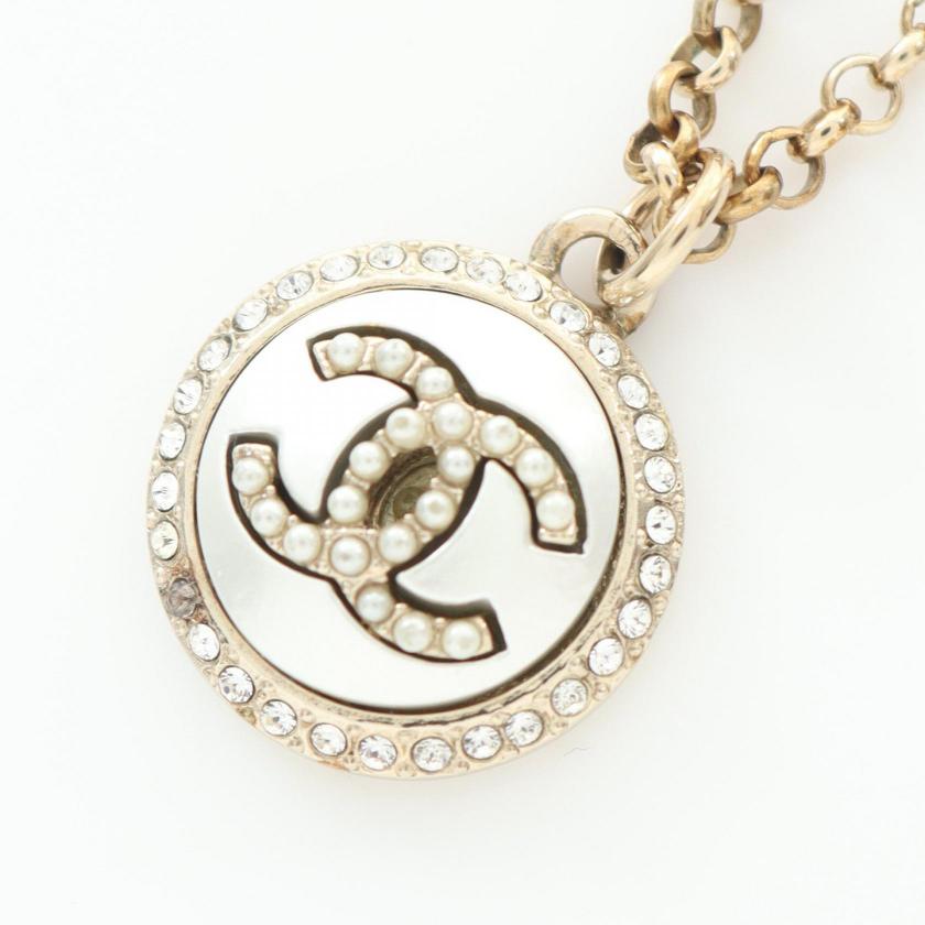 CHANEL Coco Mark Necklace GP Rhinestone Gold Clear Pendant Necklaces