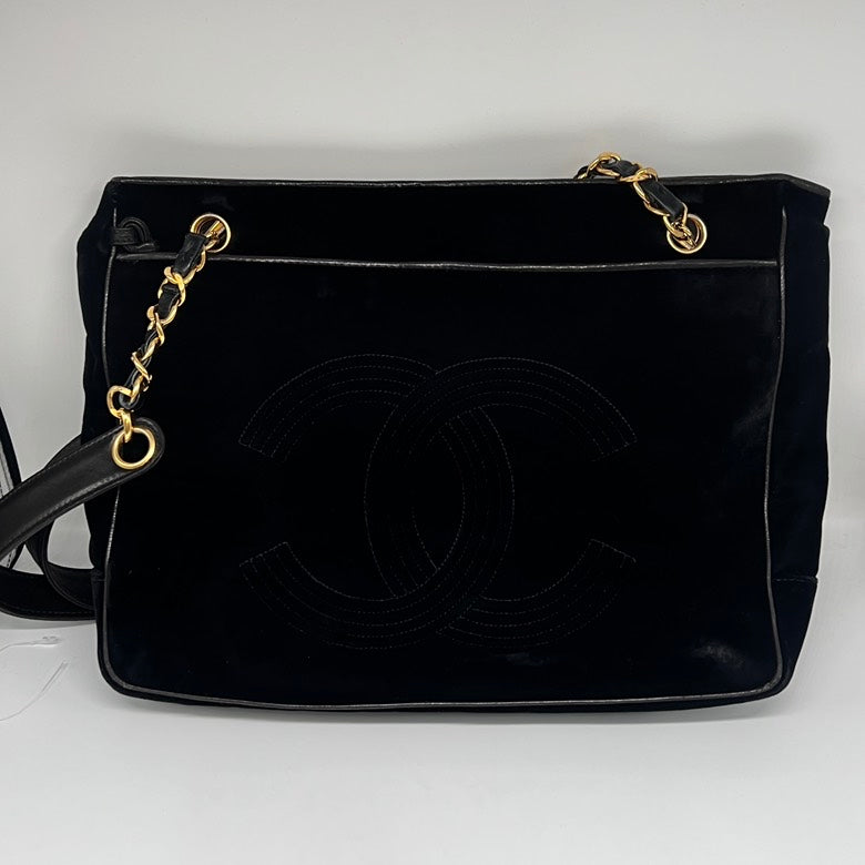 Chanel Preloved Velvet & Leather Chain Shoulder Bag in Black