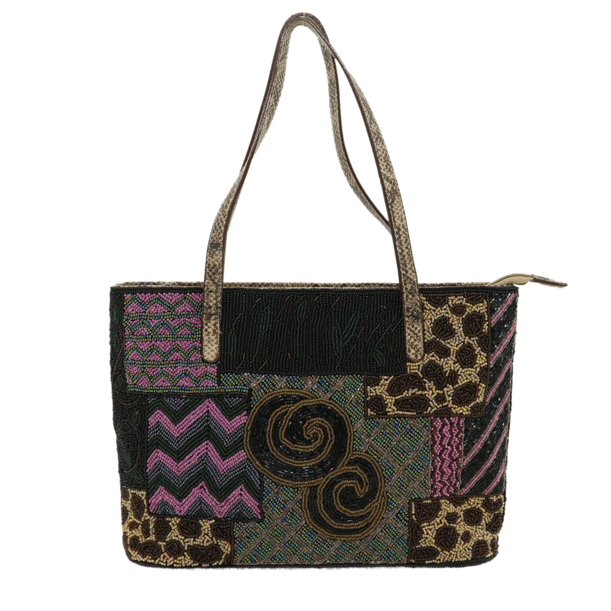 FENDI Beads Hand Bag Black Pink Green rd2074