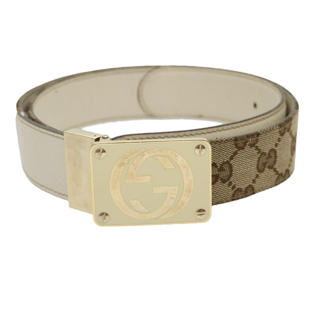 GUCCI GG Canvas Belt Leather Beige White rd2130