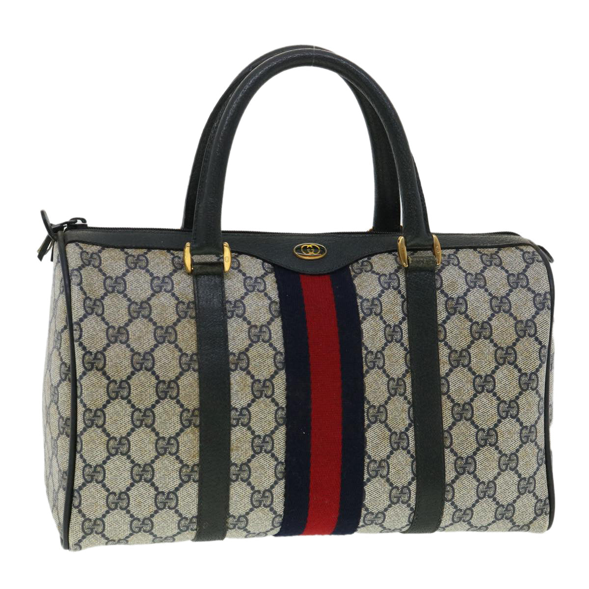 GUCCI GG Canvas Sherry Line Boston Bag PVC Leather Gray Red Navy rd3671