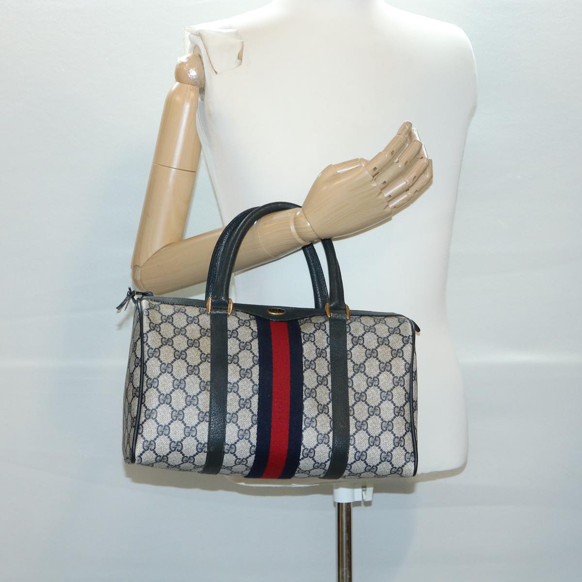 GUCCI GG Canvas Sherry Line Boston Bag PVC Leather Gray Red Navy rd3671
