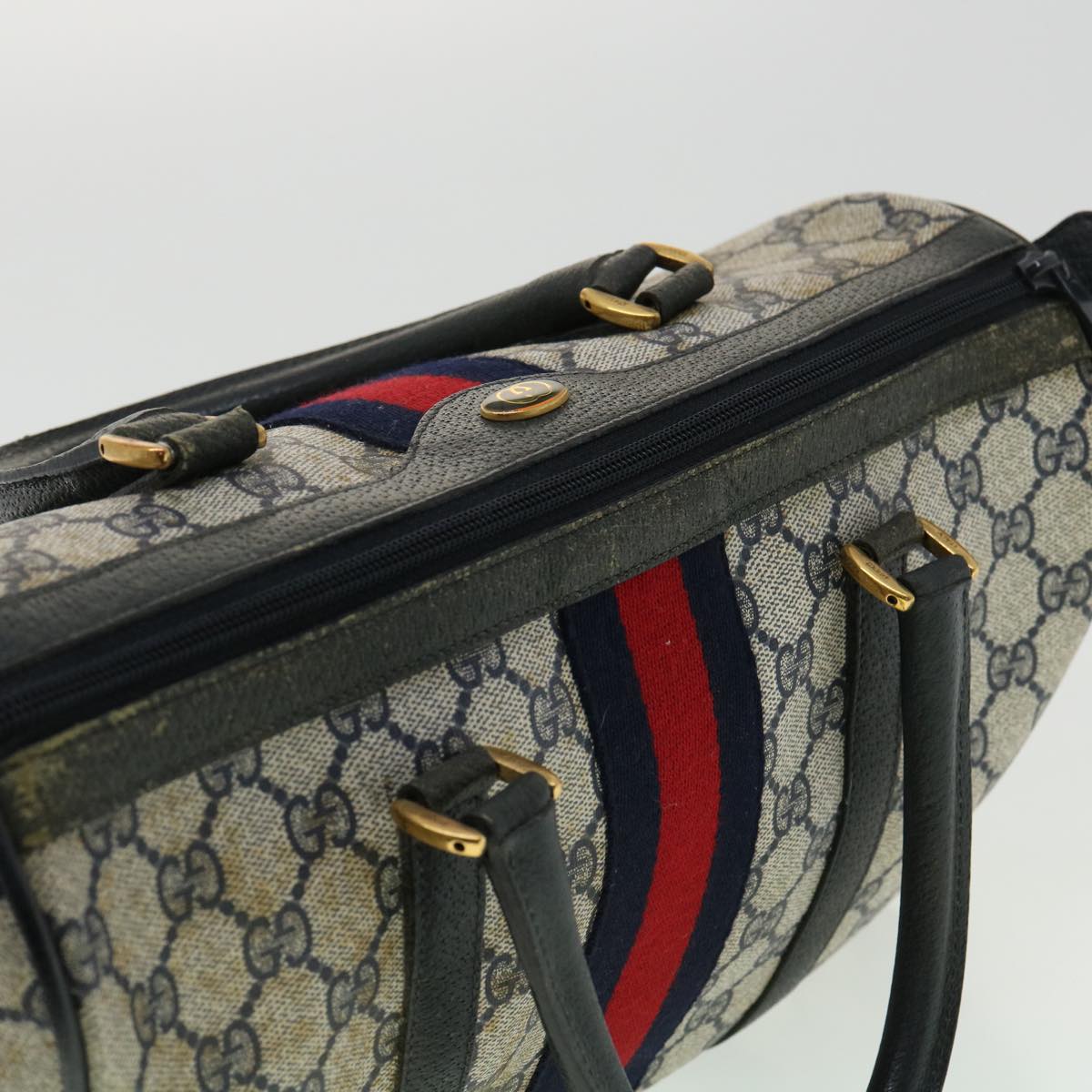 GUCCI GG Canvas Sherry Line Boston Bag PVC Leather Gray Red Navy rd3671