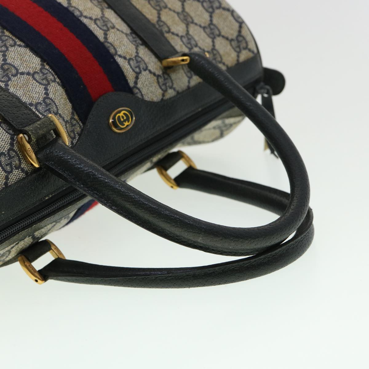 GUCCI GG Canvas Sherry Line Boston Bag PVC Leather Gray Red Navy rd3671