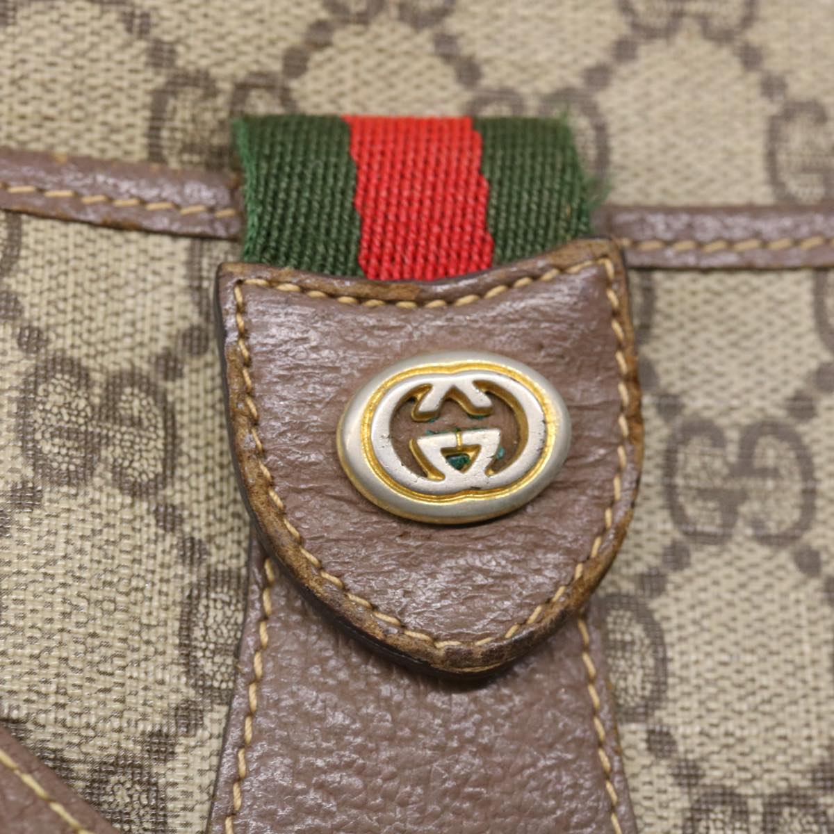 GUCCI Web Sherry Line GG Canvas Shoulder Bag PVC Leather Beige Green rd3958