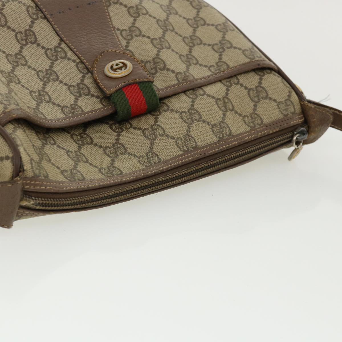 GUCCI Web Sherry Line GG Canvas Shoulder Bag PVC Leather Beige Green rd3958