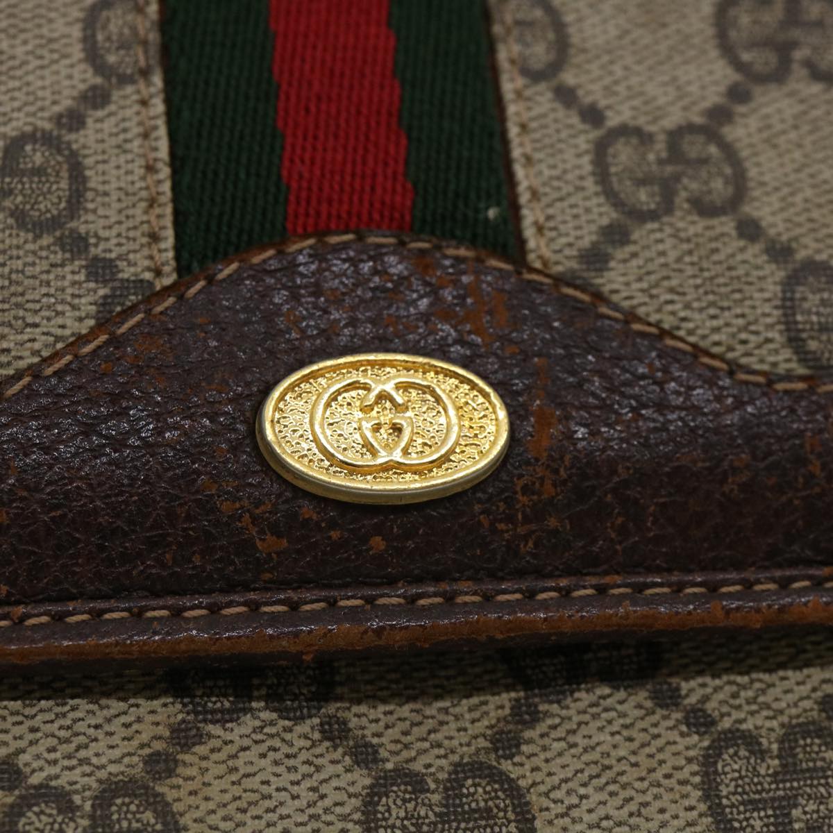 GUCCI Web Sherry Line GG Canvas Shoulder Bag PVC Leather Beige Green rd3964