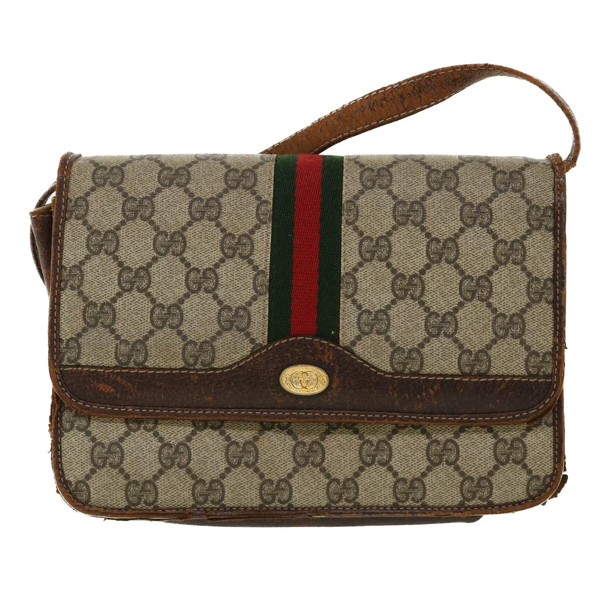 GUCCI Web Sherry Line GG Canvas Shoulder Bag PVC Leather Beige Green rd3964