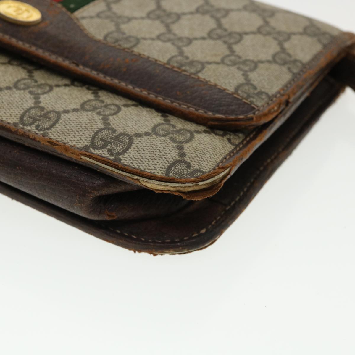 GUCCI Web Sherry Line GG Canvas Shoulder Bag PVC Leather Beige Green rd3964