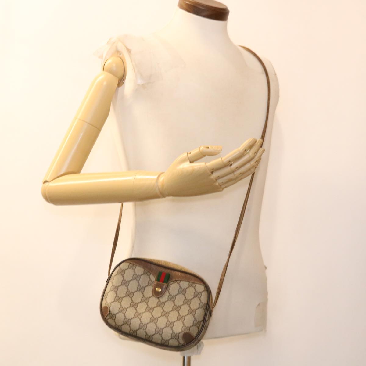 GUCCI Web Sherry Line GG Canvas Shoulder Bag PVC Leather Beige Green rd4502