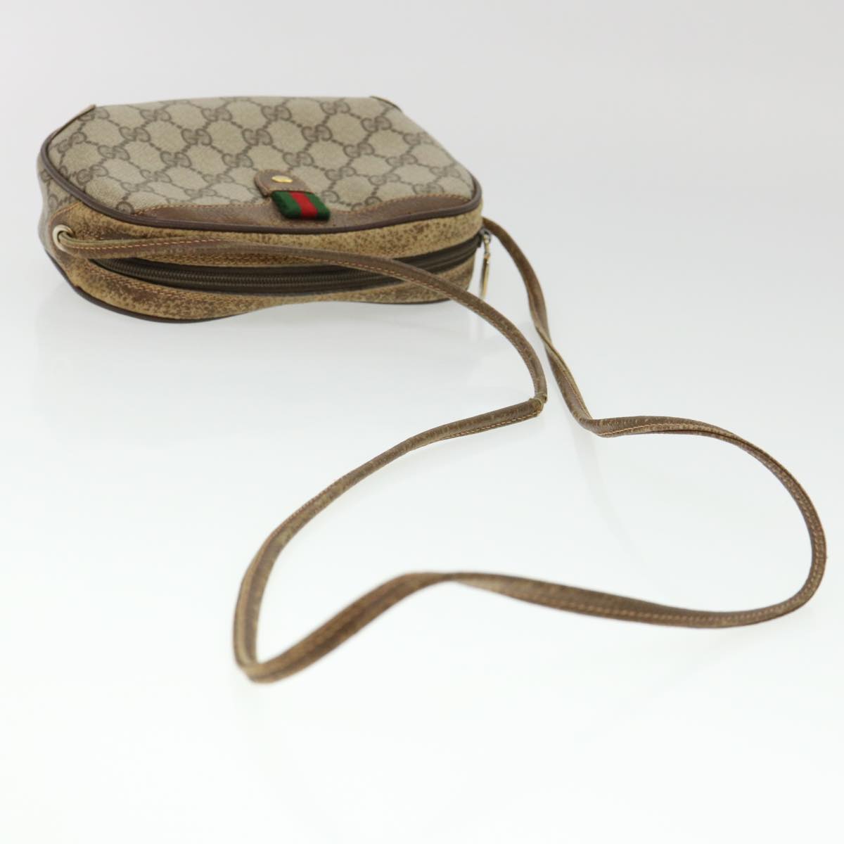 GUCCI Web Sherry Line GG Canvas Shoulder Bag PVC Leather Beige Green rd4502