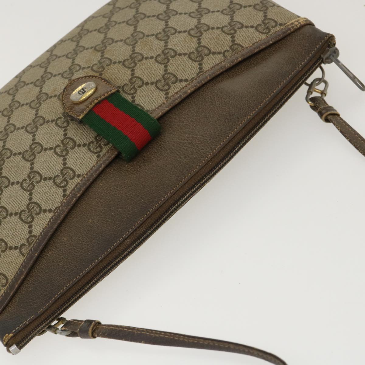 GUCCI GG Canvas Web Sherry Line Shoulder Bag PVC Leather Beige Green rd4793