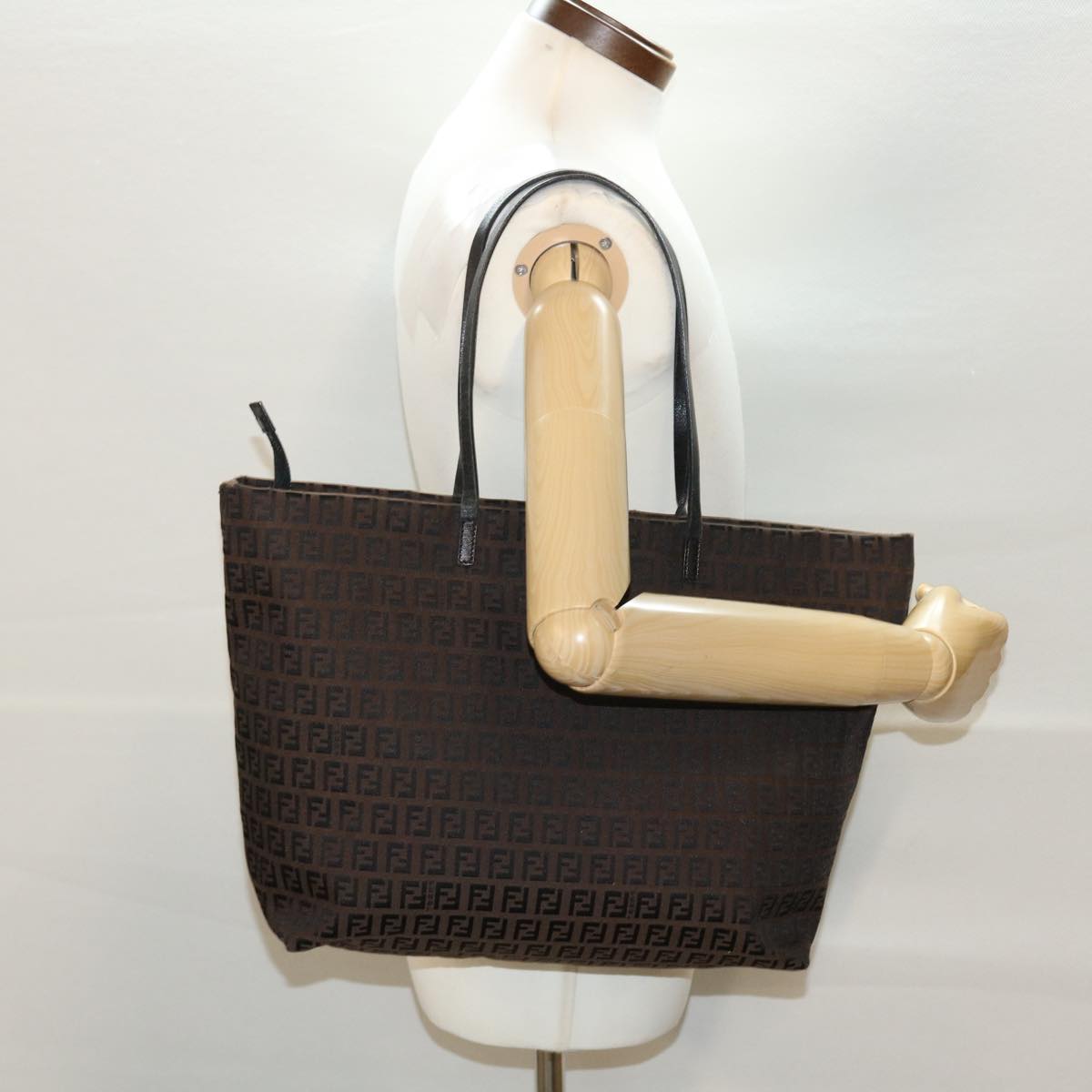 FENDI Zucchino Canvas Tote Bag Black Brown rd5172