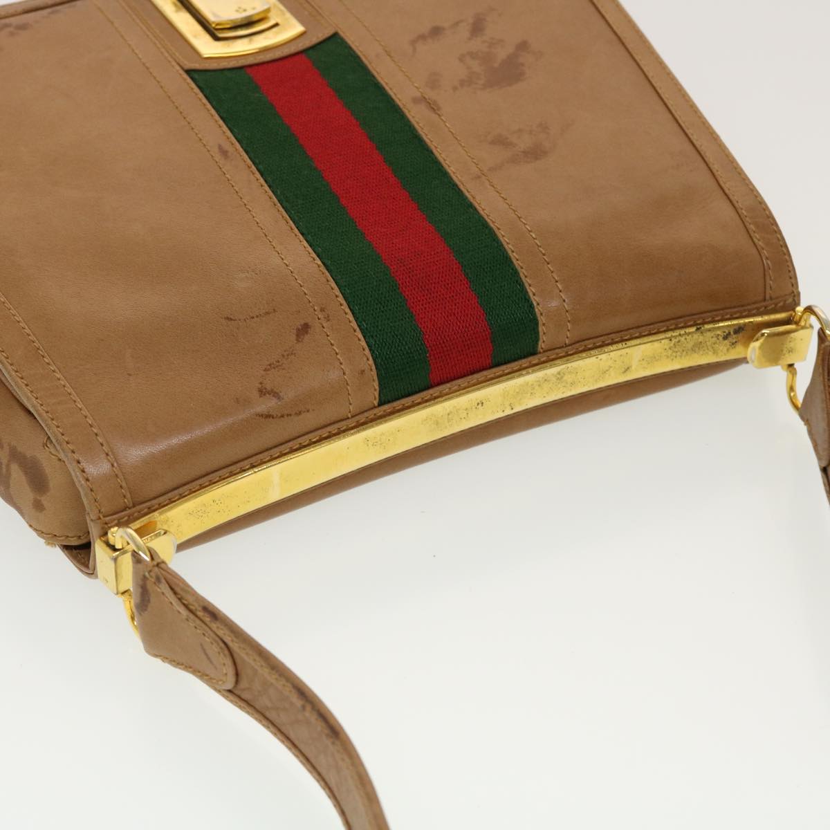 GUCCI Web Sherry Line Shoulder Bag Leather Brown Red Green rd5248