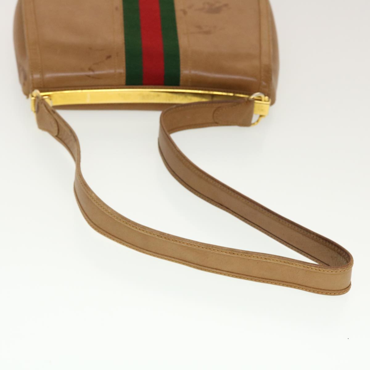 GUCCI Web Sherry Line Shoulder Bag Leather Brown Red Green rd5248