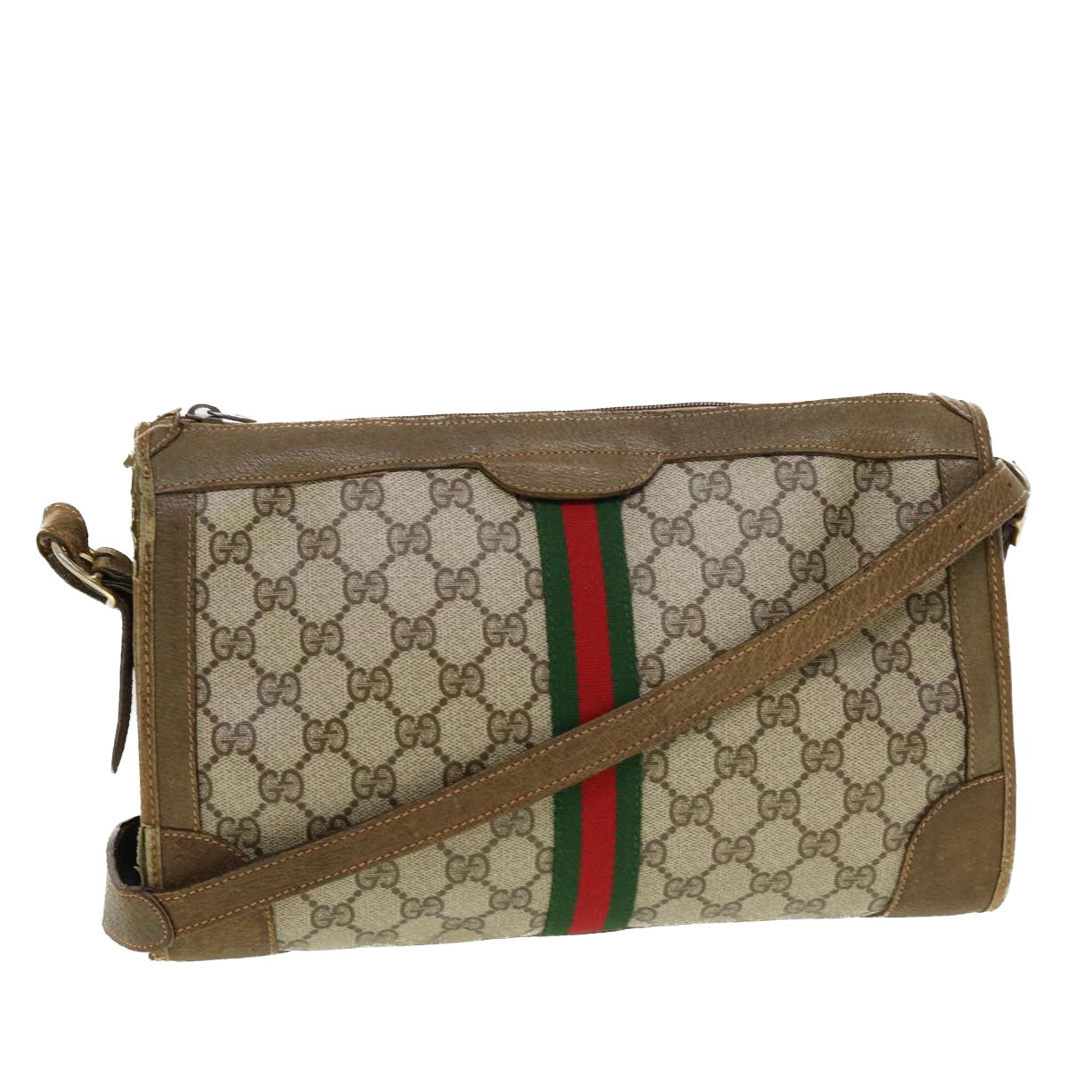 GUCCI GG Canvas Web Sherry Line Shoulder Bag PVC Leather Beige Green rd5263