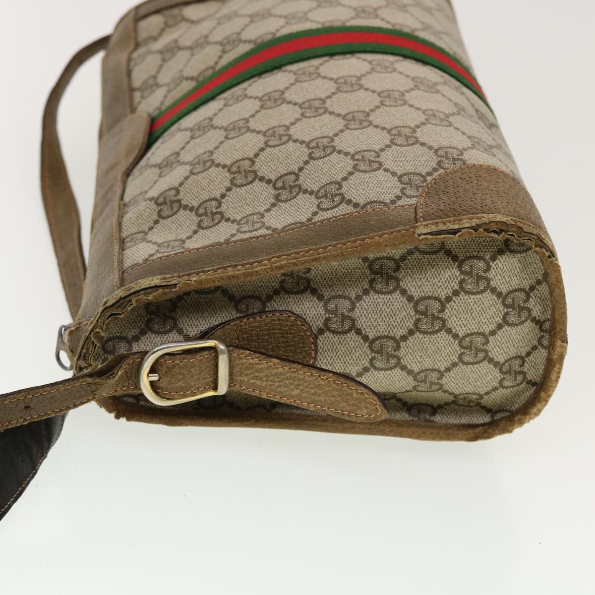 GUCCI GG Canvas Web Sherry Line Shoulder Bag PVC Leather Beige Green rd5263