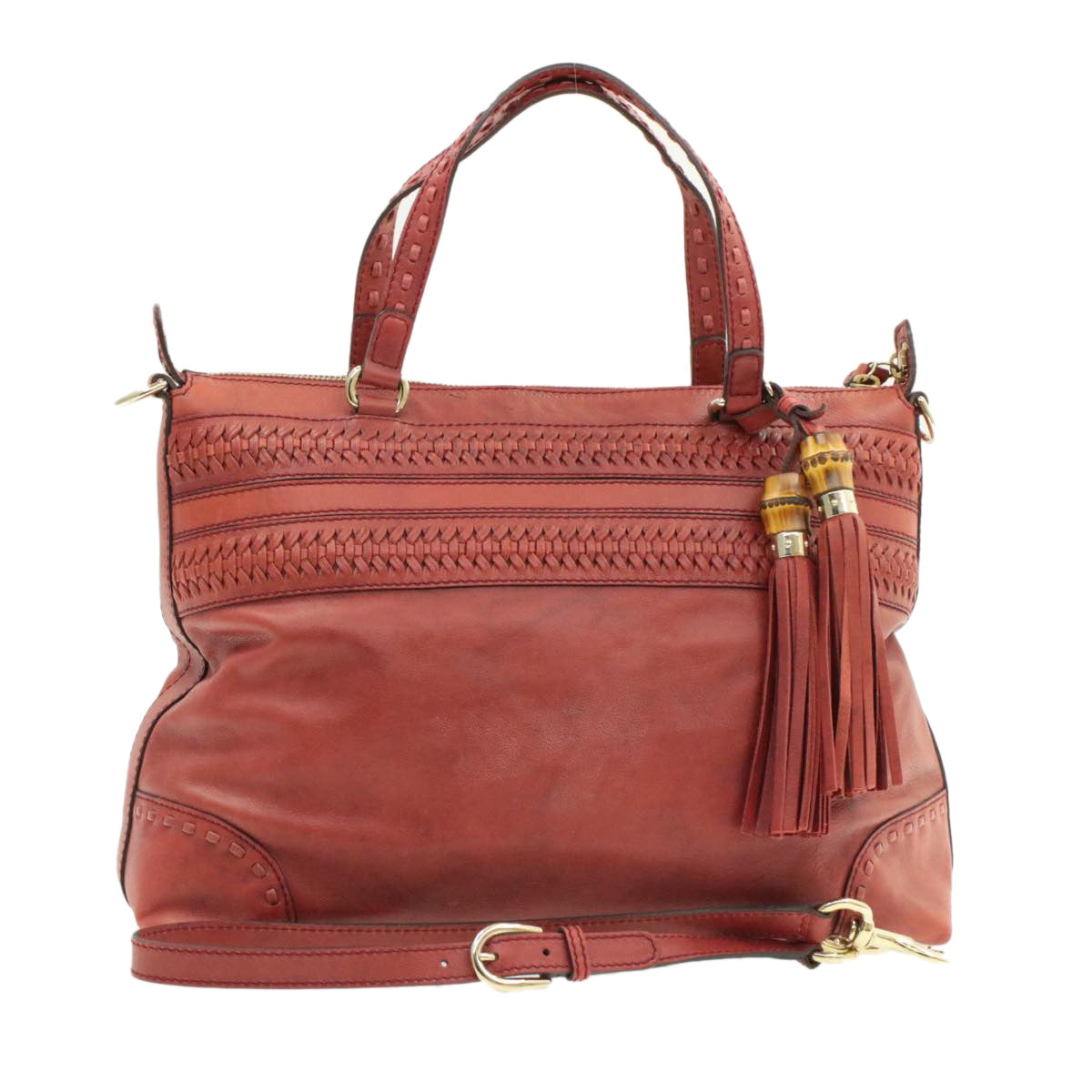 GUCCI Green Carpet Challenge Fringe Bamboo Tote Bag Leather 2way Red rd707