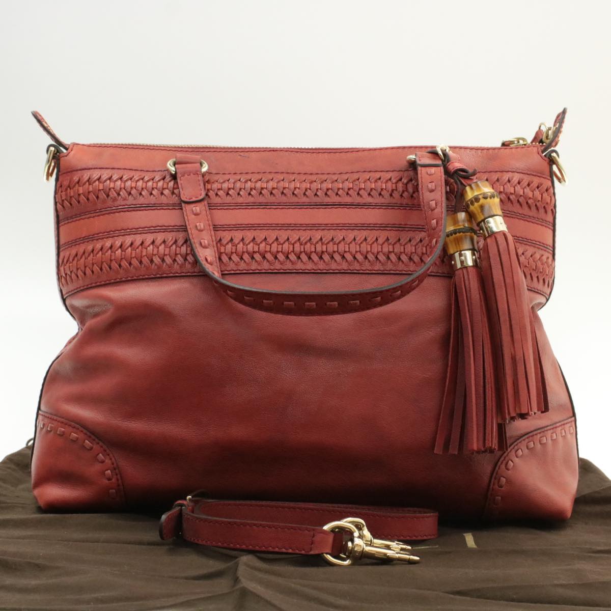 GUCCI Green Carpet Challenge Fringe Bamboo Tote Bag Leather 2way Red rd707