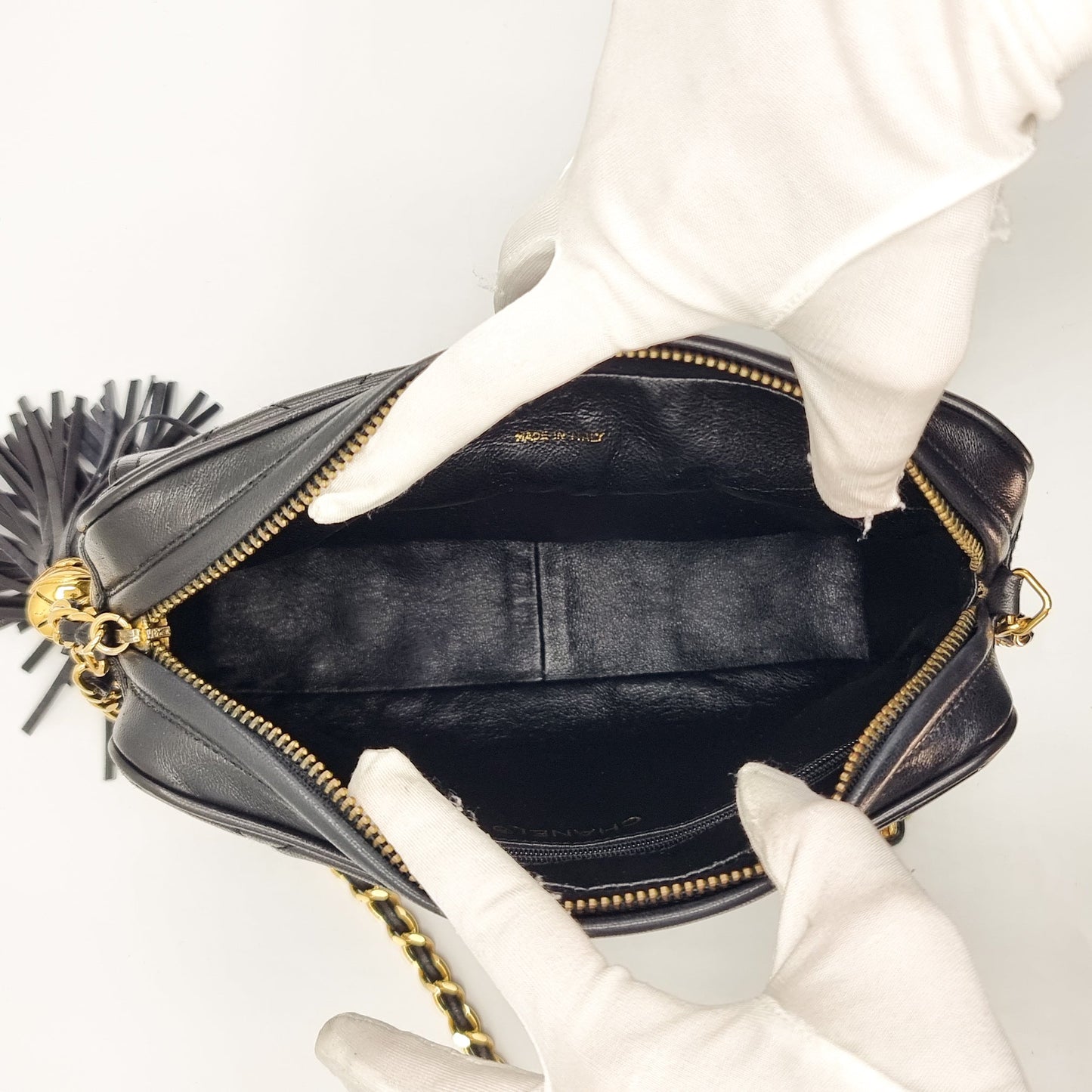 Camera Chain Bag Black Lambskin Leather