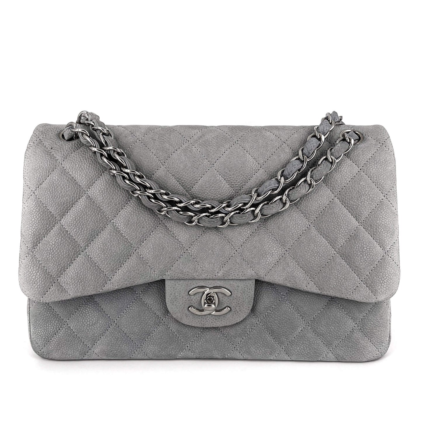 Jumbo Classic Double Flap Grey Caviar Leather Silver