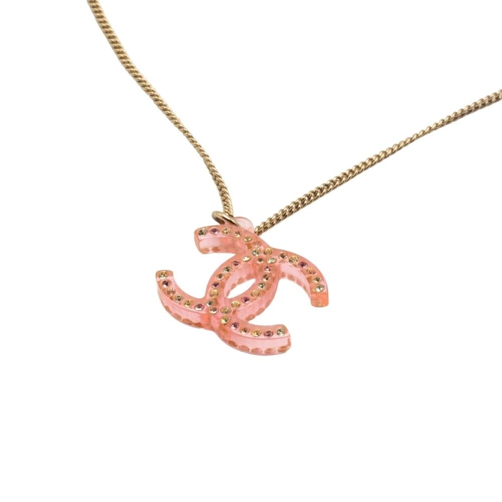 Pendant Chain Necklace Pink Resin Crystal CC Vintage