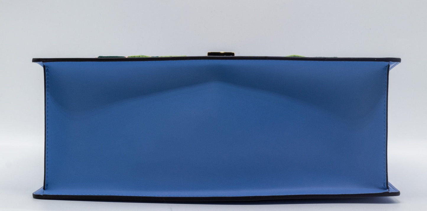 Sylvie Top Handle Bag Blue Leather Floral Embroidered Medium