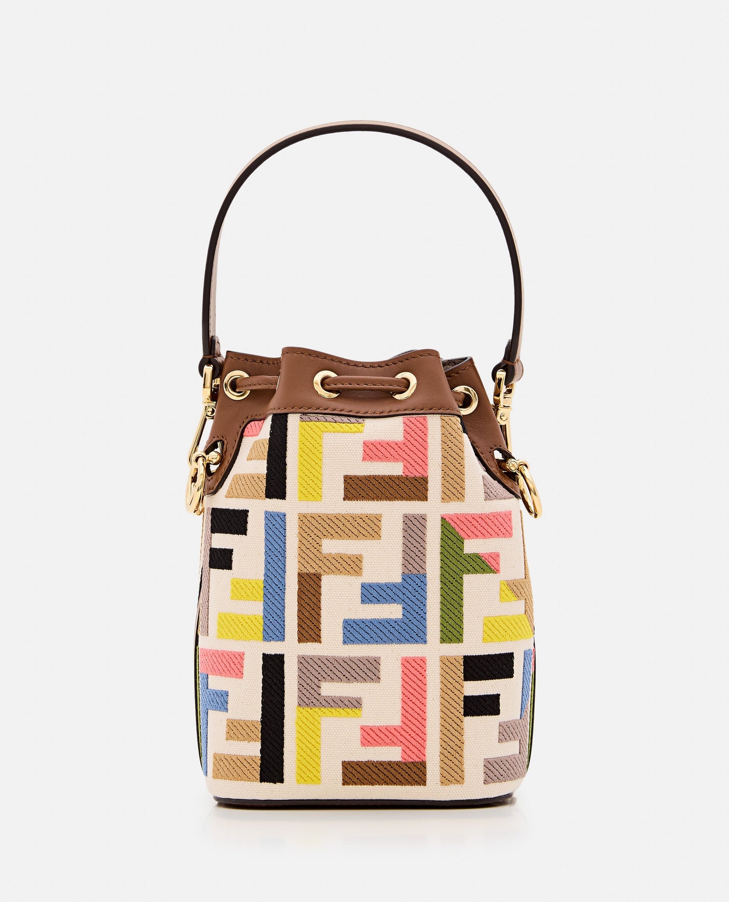 Fendi Women Mini Mon Tresor Embroidered Canvas Bucket Bag