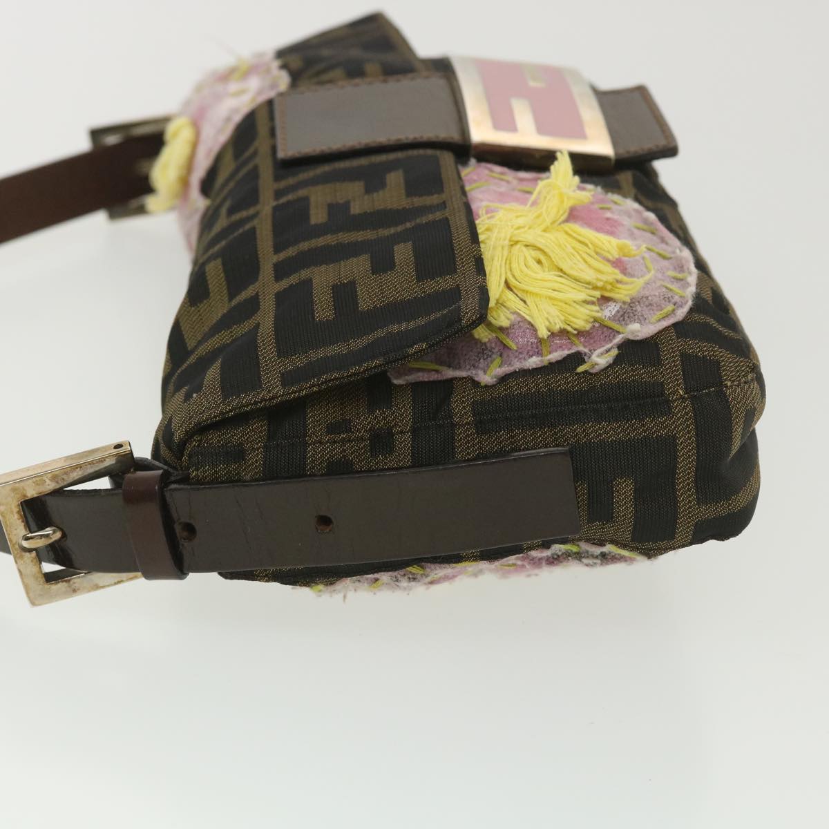 FENDI Zucca Canvas flower embroidery Mamma Baguette Shoulder Brown tb552