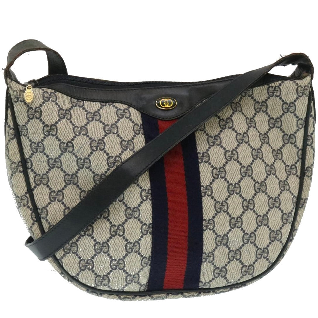 GUCCI Sherry Line GG Canvas Shoulder Bag PVC Leather Navy Red th2484
