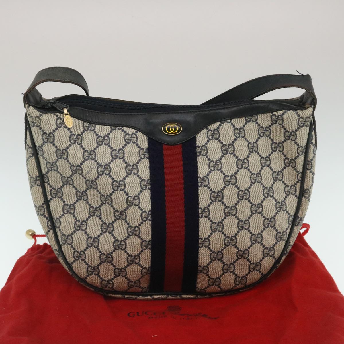 GUCCI Sherry Line GG Canvas Shoulder Bag PVC Leather Navy Red th2484