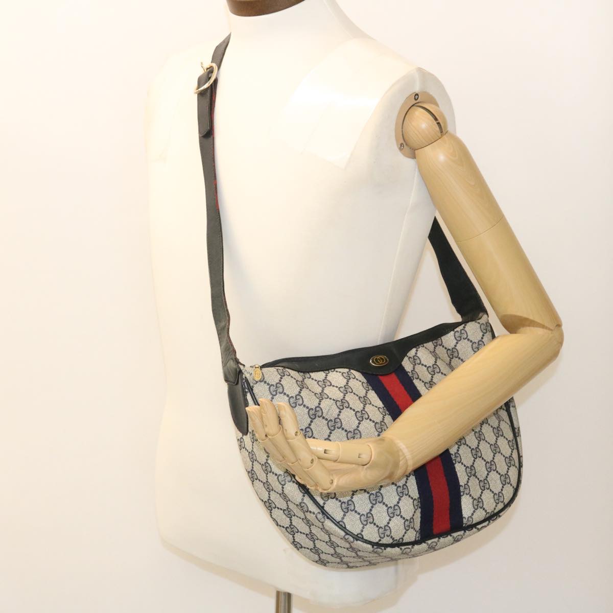 GUCCI Sherry Line GG Canvas Shoulder Bag PVC Leather Navy Red th2484