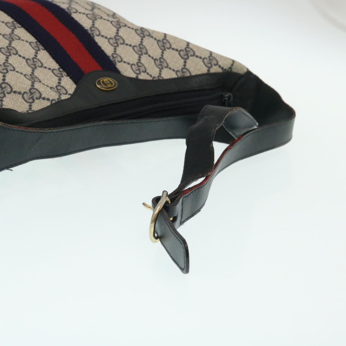 GUCCI Sherry Line GG Canvas Shoulder Bag PVC Leather Navy Red th2484