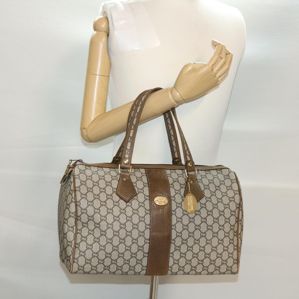 GUCCI GG Plus Canvas Boston Bag PVC Leather Beige th3568