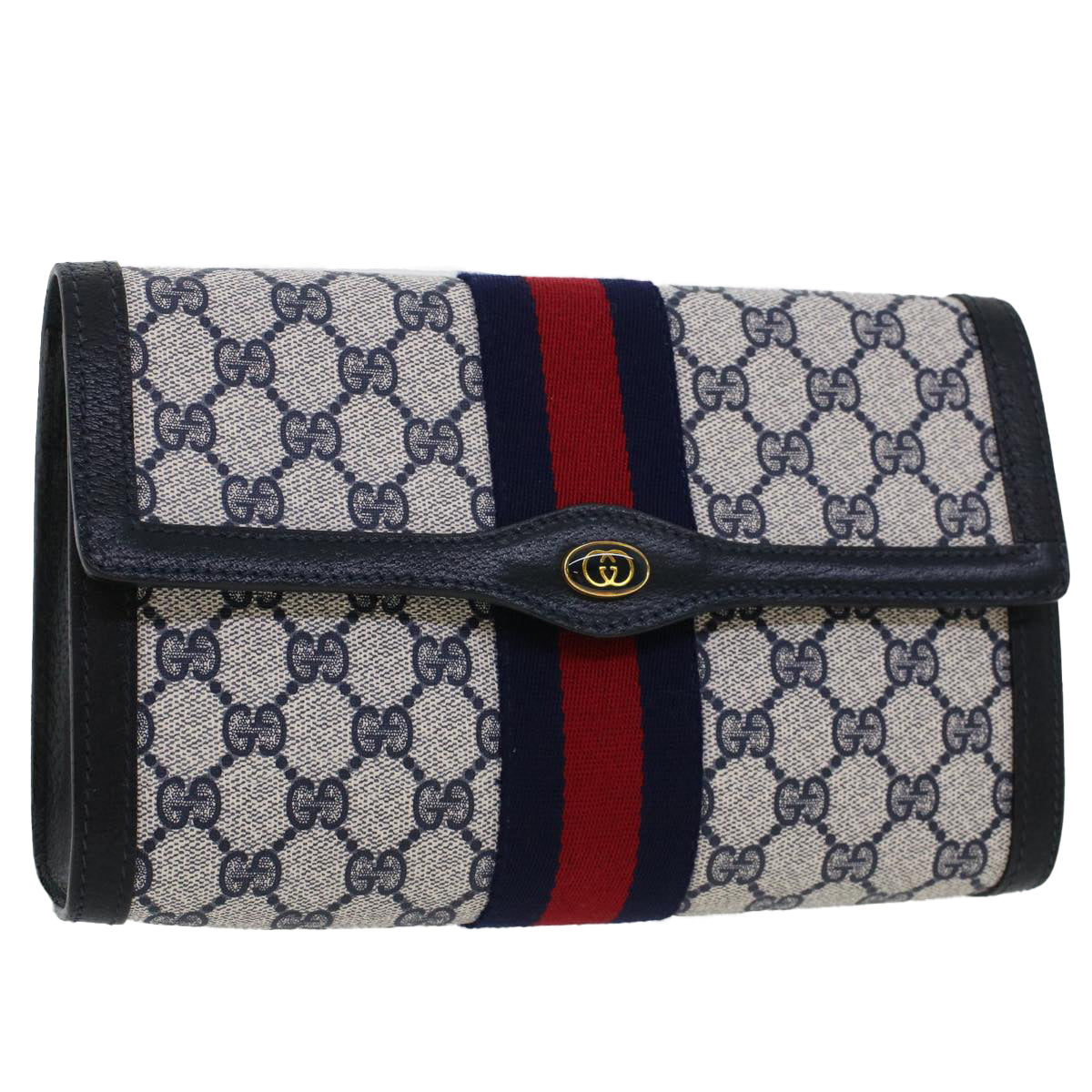GUCCI GG Canvas Sherry Line Clutch Bag PVC Leather Gray Red Navy th3692
