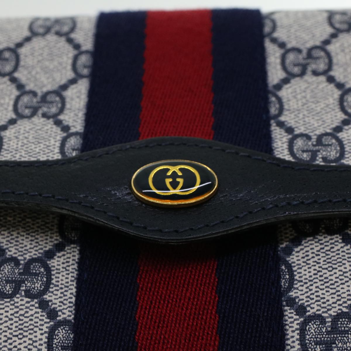 GUCCI GG Canvas Sherry Line Clutch Bag PVC Leather Gray Red Navy th3692