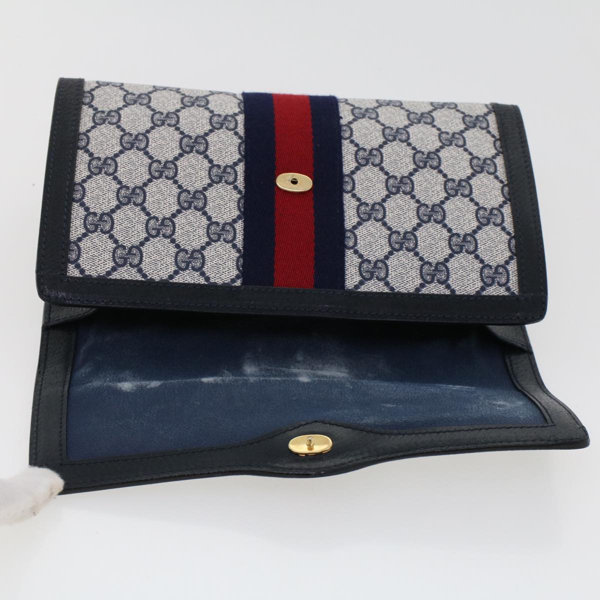 GUCCI GG Canvas Sherry Line Clutch Bag PVC Leather Gray Red Navy th3692